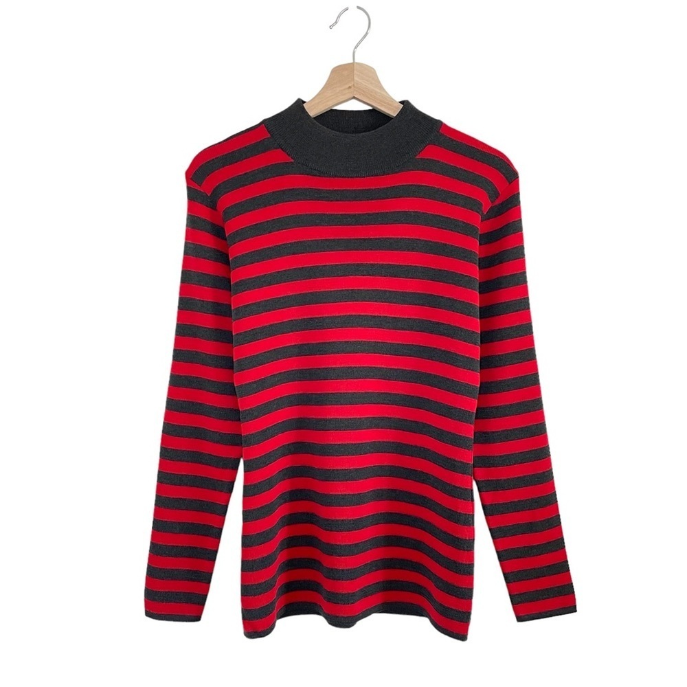 Vintage Zadig & Voltaire Mock Neck Wool Blend Sweater in Red Charcoal Stripe